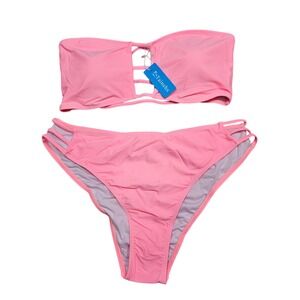 Tainehs Bikini Set Women Large Pink Strappy Cutout Bandeau High Waist Swimsuit
